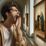 Quando un’opera d’arte è considerata NOIOSA? un uomo che si annoia e dsbadiglia davanti un’opera al museo in raw photo